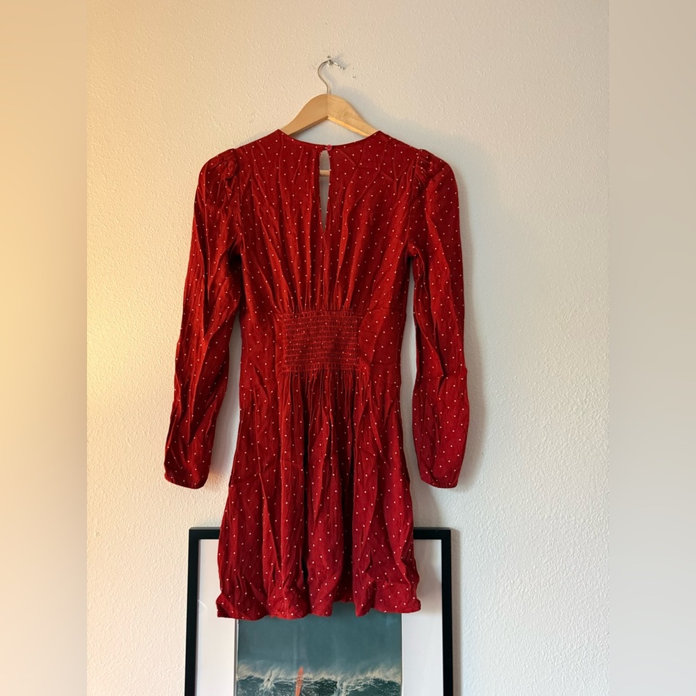 Reformation Rust Red Polka Dot Deep V Long-Sleeve Dress - Picture 4 of 8